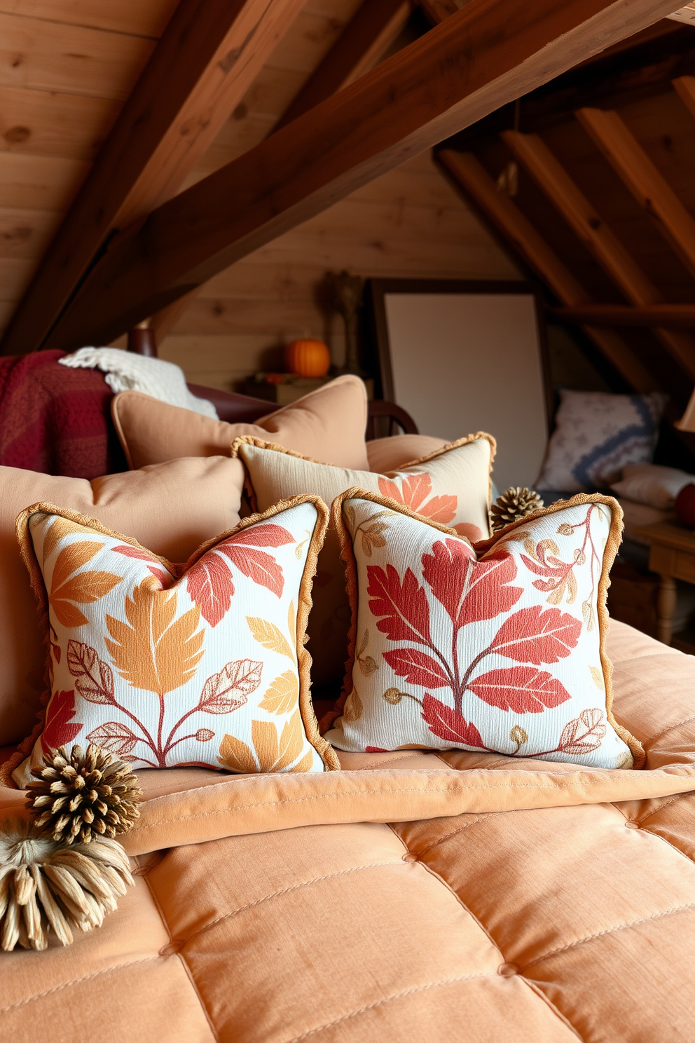 Fall themed decorative pillows are arranged on a cozy bed with a plush duvet in warm earth tones. The pillows feature intricate leaf patterns and rich textures that evoke the essence of autumn. The attic is transformed into a charming fall retreat with rustic wooden beams and soft lighting. Cozy blankets and seasonal decorations like pumpkins and pinecones create an inviting atmosphere perfect for enjoying the crisp fall air.