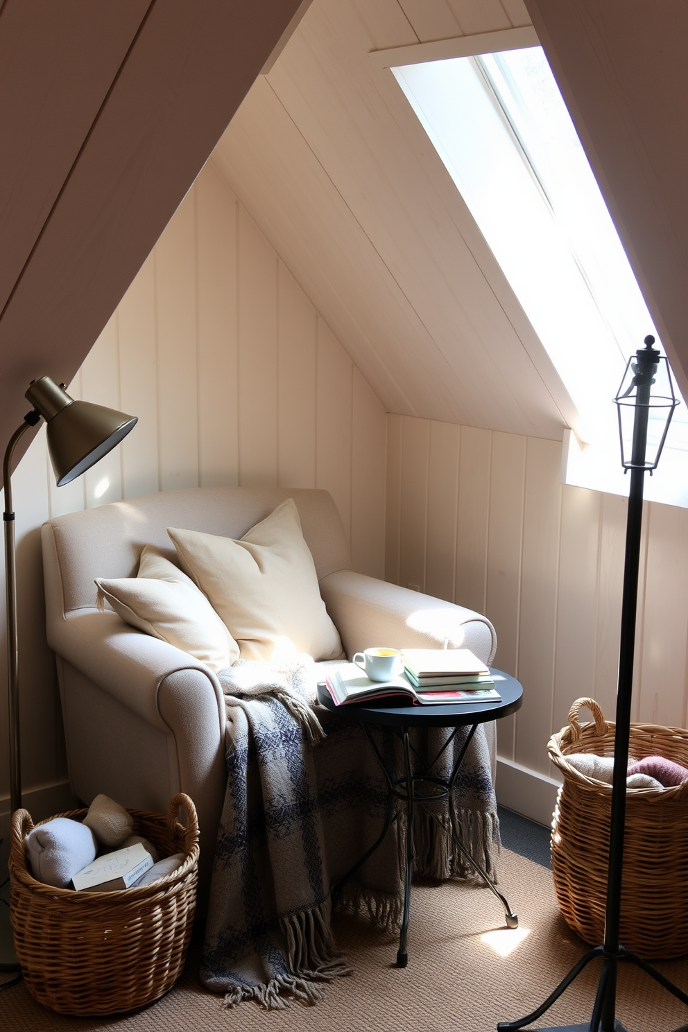 A cozy reading nook with a plush armchair is nestled in a sunlit corner of the attic. Soft throw pillows and a warm blanket invite relaxation, while a small side table holds a steaming cup of tea and a stack of books. The walls are adorned with light wood paneling, enhancing the rustic charm of the space. A woven basket filled with additional blankets sits nearby, and a vintage floor lamp casts a gentle glow for evening reading.