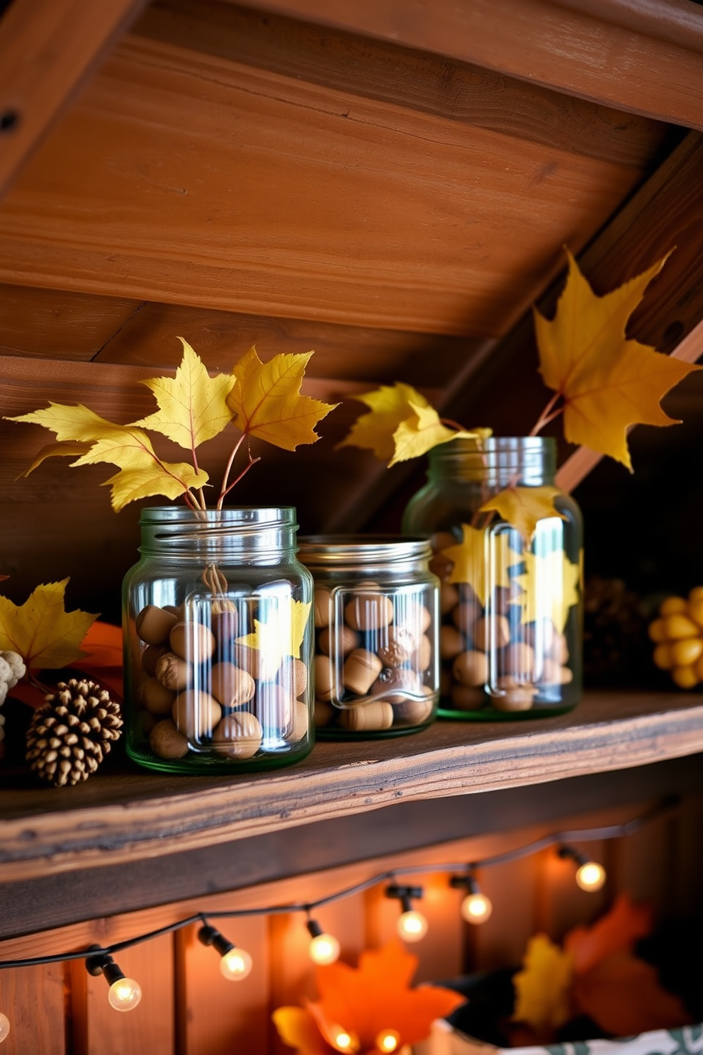 Create a cozy attic space decorated for fall. Arrange glass jars filled with acorns and leaves on a rustic wooden shelf, complemented by warm, soft lighting that enhances the autumn ambiance.