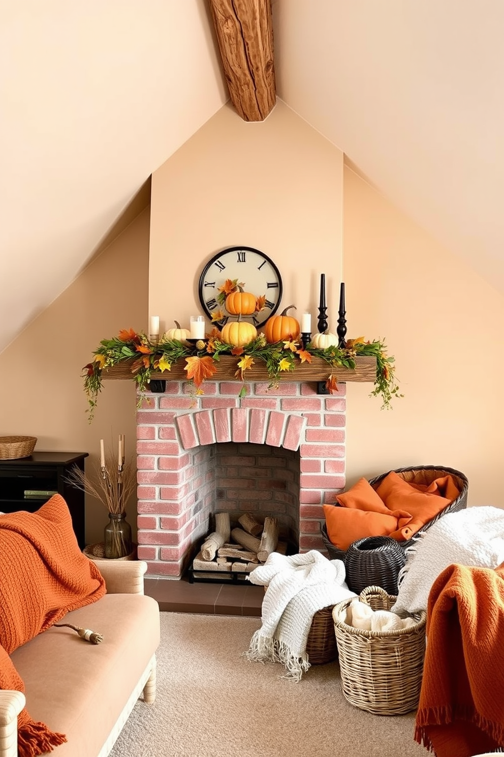 A cozy attic space featuring a charming fireplace adorned with seasonal fall decor. The mantel is decorated with pumpkins, autumn leaves, and candles, creating a warm and inviting atmosphere. Surrounding the fireplace, the walls are painted in a soft beige hue, complemented by rustic wooden beams overhead. Plush seating with warm-toned throw blankets invites relaxation, while decorative baskets filled with cozy blankets add a touch of charm.