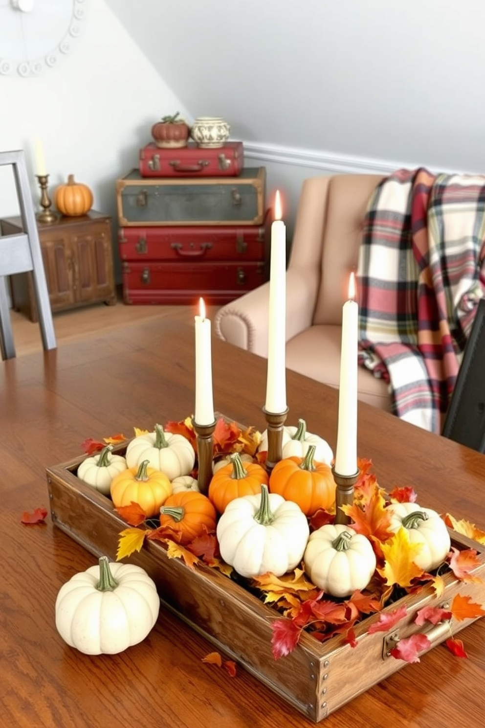 A harvest-themed centerpiece for a dining table features a rustic wooden tray filled with mini pumpkins in various colors, surrounded by vibrant autumn leaves. Candles of varying heights are placed among the pumpkins, casting a warm glow that enhances the seasonal atmosphere. For fall attic decorating ideas, the space is filled with cozy textures and warm colors. Vintage suitcases are stacked as side tables, and soft plaid blankets are draped over a comfortable armchair, inviting relaxation and nostalgia.