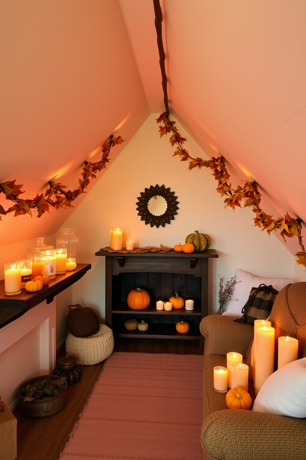 A cozy attic space filled with the warm glow of pumpkin spice scented candles arranged on rustic wooden shelves. The walls are adorned with autumn-themed decor, featuring garlands of dried leaves and small pumpkins, creating a welcoming fall atmosphere.