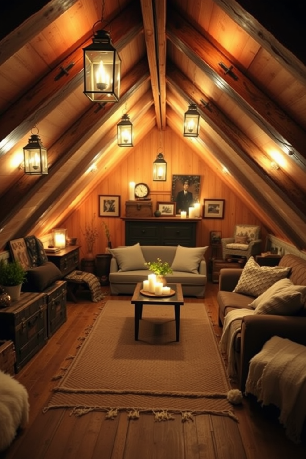 A cozy attic space filled with soft lighting from elegant lanterns and flickering candles creates a warm and inviting atmosphere. The walls are adorned with rustic wooden beams, and plush seating is arranged around a small coffee table, perfect for relaxation. Decorate the space with vintage accents such as old trunks and framed photographs. Add soft textiles like a woven rug and throw blankets to enhance comfort and charm.