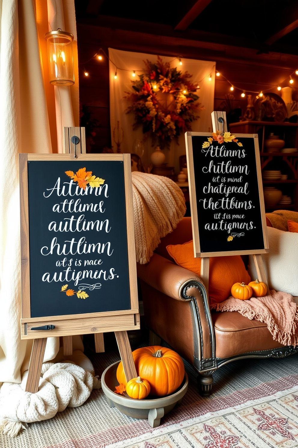 Chalkboard signs with autumn quotes displayed on rustic wooden easels. The signs feature elegant handwritten lettering surrounded by seasonal decorations like leaves and small pumpkins. Fall attic decorating ideas create a cozy and inviting atmosphere. Soft blankets and warm-colored cushions are arranged on vintage furniture, complemented by string lights and autumn-themed decor.