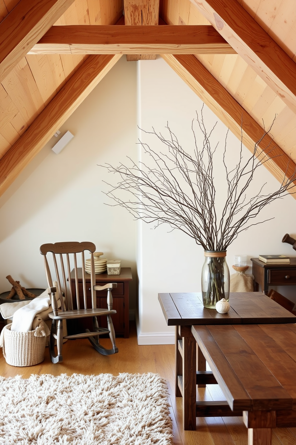 A cozy attic space filled with natural elements. Exposed wooden beams create a warm atmosphere while branches and twigs are artfully arranged in a rustic vase. Soft, neutral tones dominate the decor, with a plush area rug underfoot. Vintage furniture pieces, such as a weathered rocking chair and a reclaimed wood table, enhance the charm of the space.