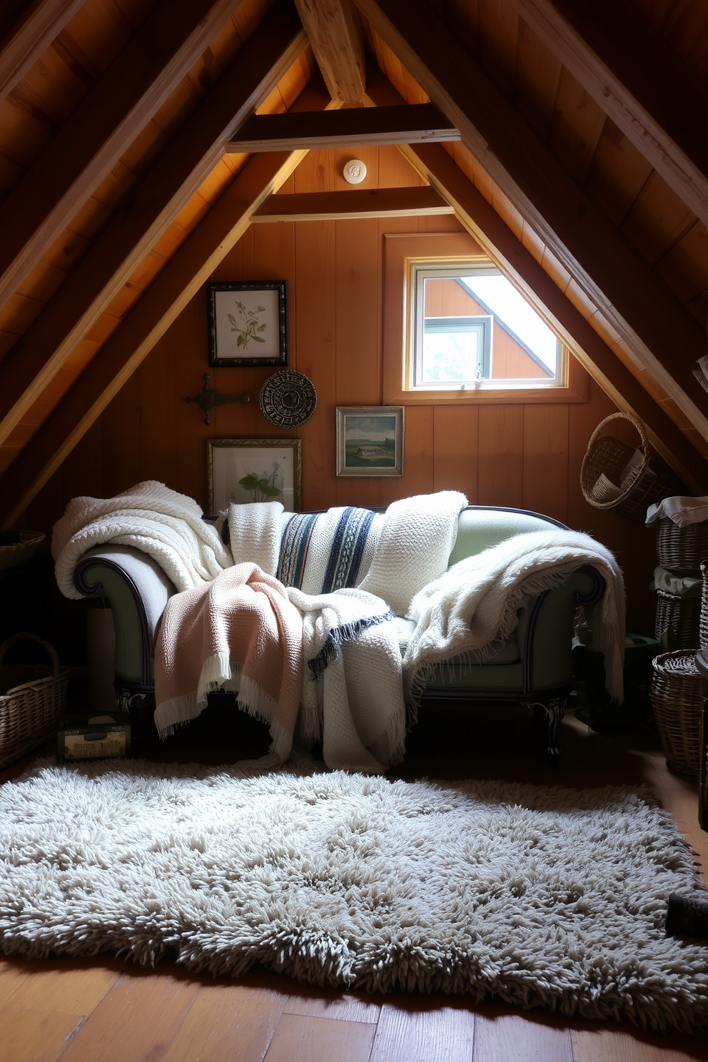 A cozy attic space filled with layered textures featuring soft blankets and plush throws draped over a vintage chaise lounge. Natural light filters in through a small window, illuminating the warm wood beams and creating an inviting atmosphere. The walls are adorned with rustic decor, including framed botanical prints and woven baskets. A plush area rug anchors the seating area, adding comfort and warmth to the overall design.