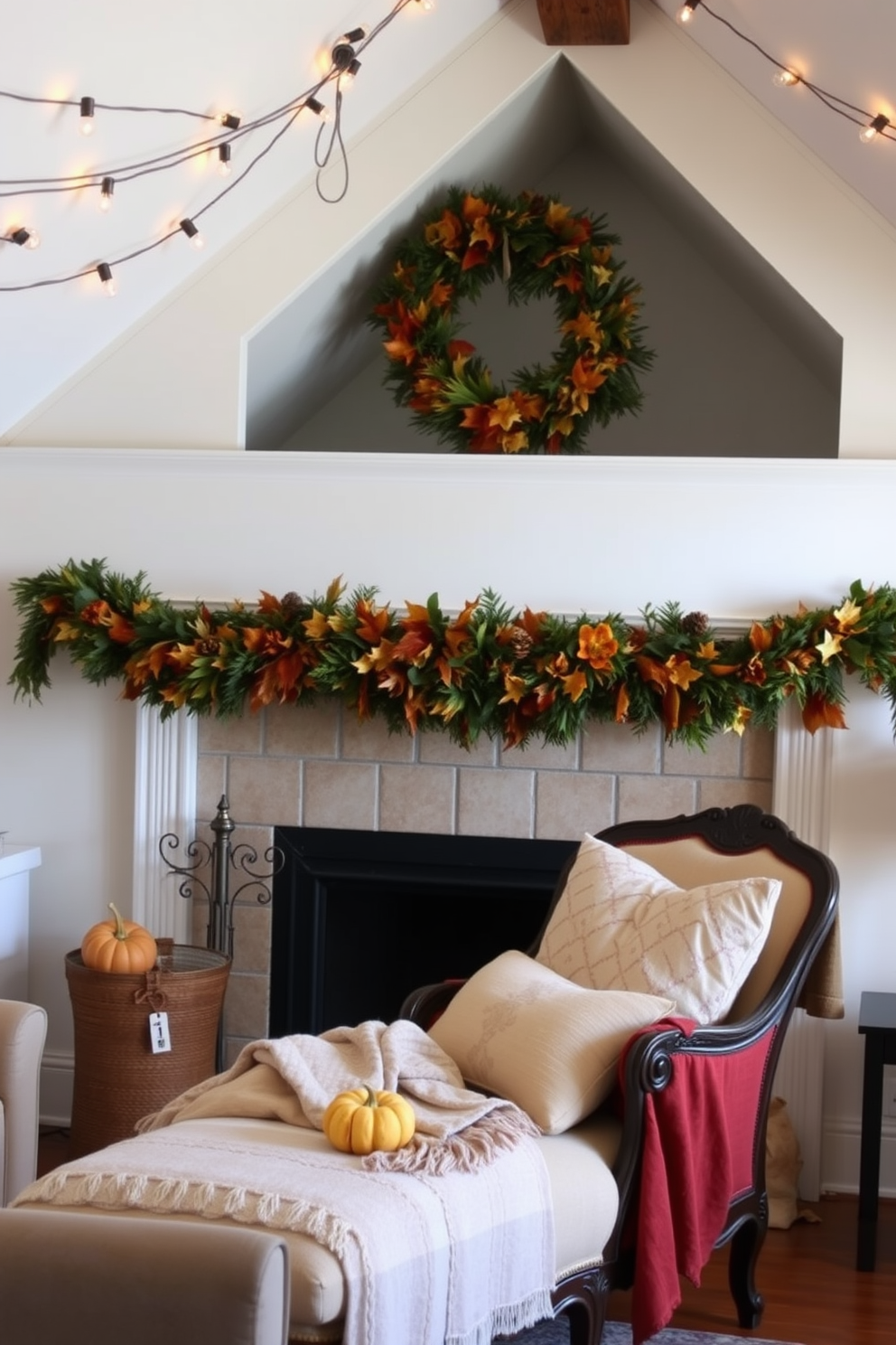 A cozy living room adorned with seasonal garlands draped elegantly across the mantel. The garlands feature rich autumn colors with hints of orange, red, and gold, complemented by small pumpkins and pinecones for a festive touch. An inviting attic space transformed into a warm retreat for the fall season. Soft blankets and plush cushions are arranged on a vintage chaise lounge, while string lights create a magical ambiance overhead.