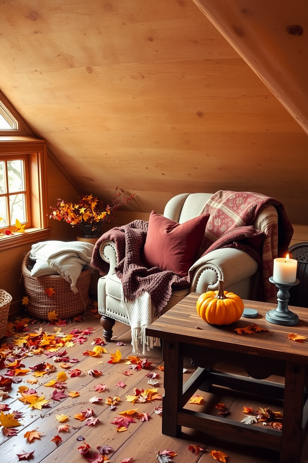 A cozy attic space filled with natural light. Colorful leaves are scattered on wooden surfaces, creating a warm autumn atmosphere. Soft blankets and pillows in rich, earthy tones are arranged on a vintage armchair. A rustic wooden table holds a small pumpkin and a candle, enhancing the seasonal decor.