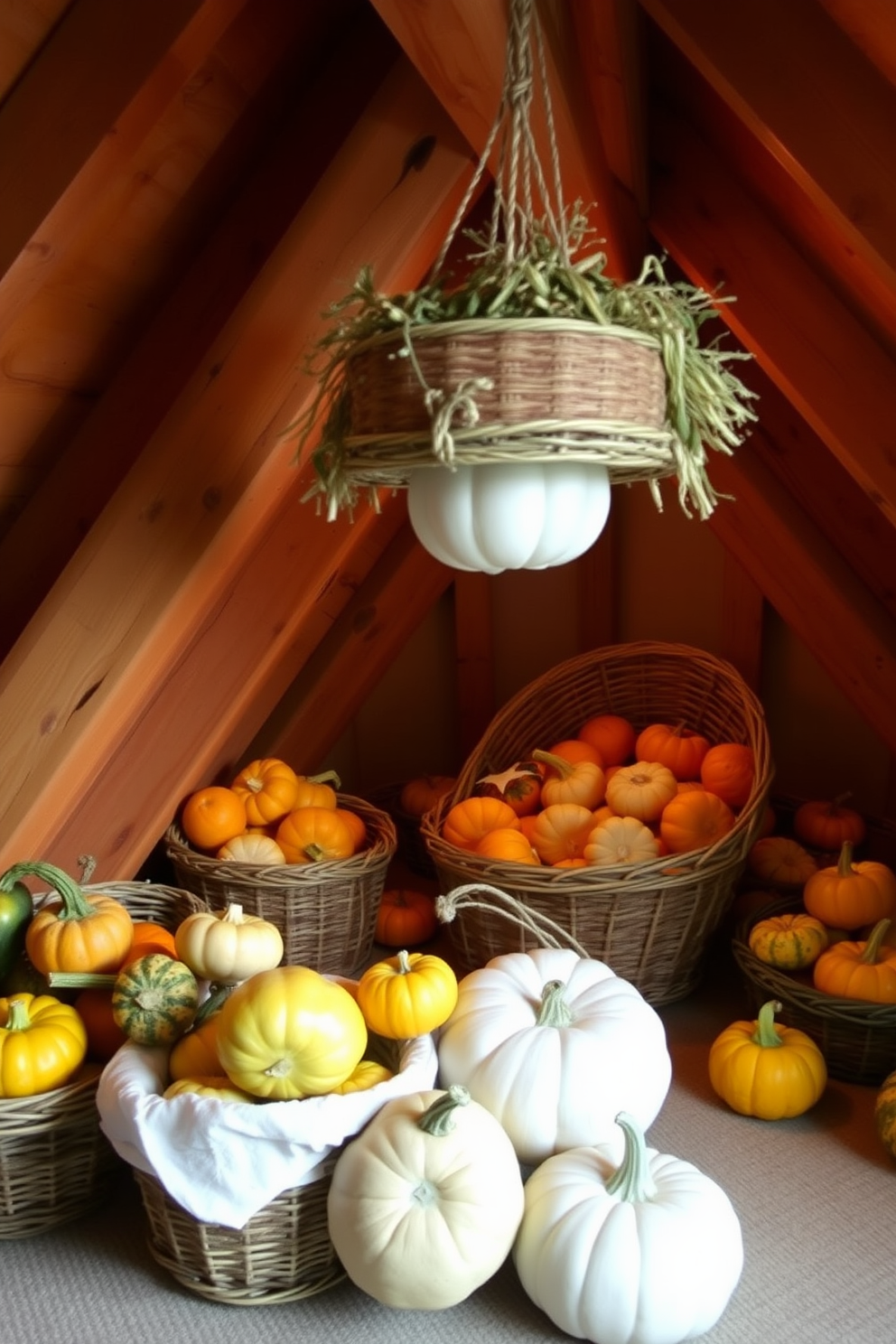 A cozy attic space adorned with decorative baskets filled with an assortment of colorful gourds. The warm wooden beams are complemented by soft, ambient lighting, creating an inviting atmosphere for autumn gatherings.