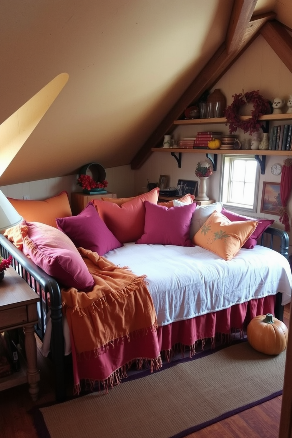 A cozy daybed is adorned with an array of soft fall fabrics in warm hues of orange, burgundy, and mustard. Surrounding the daybed are rustic wooden accents and seasonal decorations, creating a welcoming atmosphere in the attic. The walls are lined with vintage bookshelves filled with autumn-themed books and knick-knacks. Natural light filters through the small windows, highlighting the textures of the fabrics and the charm of the attic space.