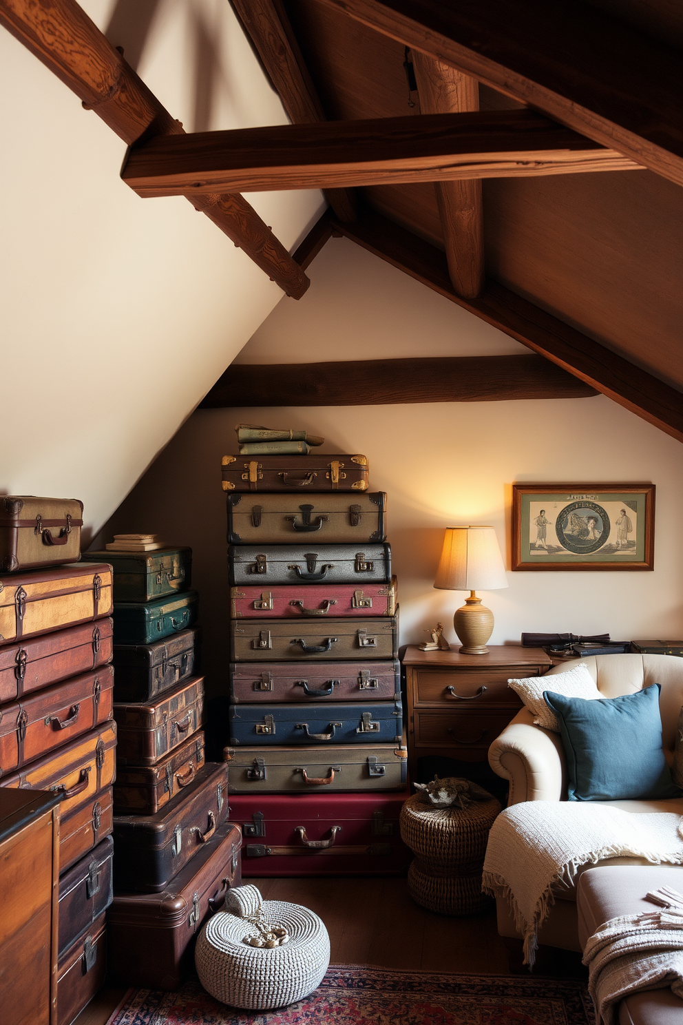 A collection of vintage suitcases stacked creatively in a corner of the room. The suitcases are in various sizes and colors, adding a charming and eclectic touch to the decor. The attic is transformed into a cozy retreat with soft lighting and rustic wooden beams. Vintage furniture pieces and warm textiles create an inviting atmosphere perfect for relaxation.