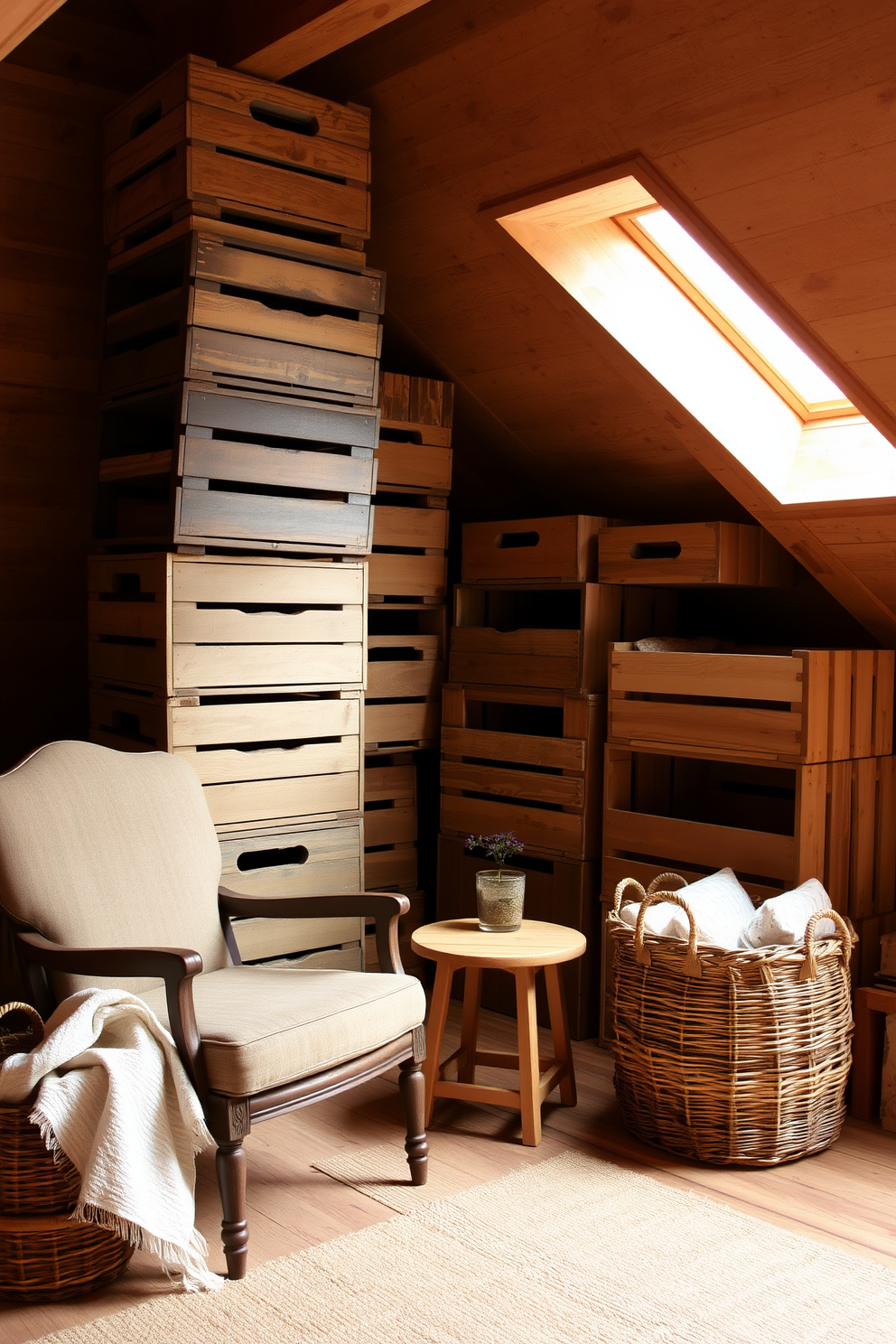 Rustic wooden crates are stacked in a cozy attic space, serving as both storage and decorative elements. The warm wood tones contrast beautifully with the soft, natural light filtering through small windows, creating an inviting atmosphere. In one corner, a vintage armchair is paired with a small side table made from reclaimed wood. A woven basket filled with soft blankets sits nearby, enhancing the rustic charm of the attic decor.