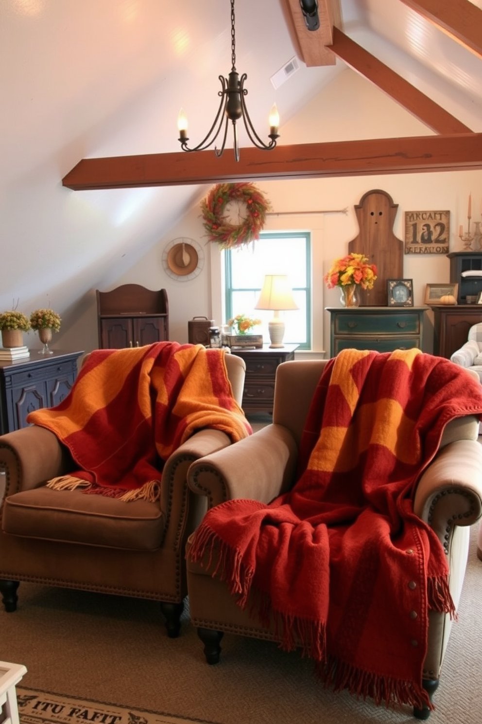 Cozy autumn-themed throw blankets are draped over plush chairs, adding warmth and color to the room. The blankets feature rich hues of orange, red, and gold, enhancing the seasonal ambiance. The attic is transformed into a charming retreat with rustic decor elements. Vintage furniture pieces and soft lighting create an inviting atmosphere perfect for enjoying the fall season.