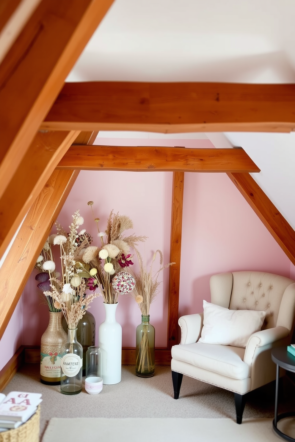 A cozy attic space adorned with dried flower arrangements in vintage vases. The warm wooden beams are exposed, creating a rustic charm that complements the soft pastel colors of the decor. In one corner, a collection of vintage vases in varying heights showcases a mix of dried flowers, adding texture and warmth to the room. A comfortable reading nook with a plush armchair and a small side table completes the inviting atmosphere.