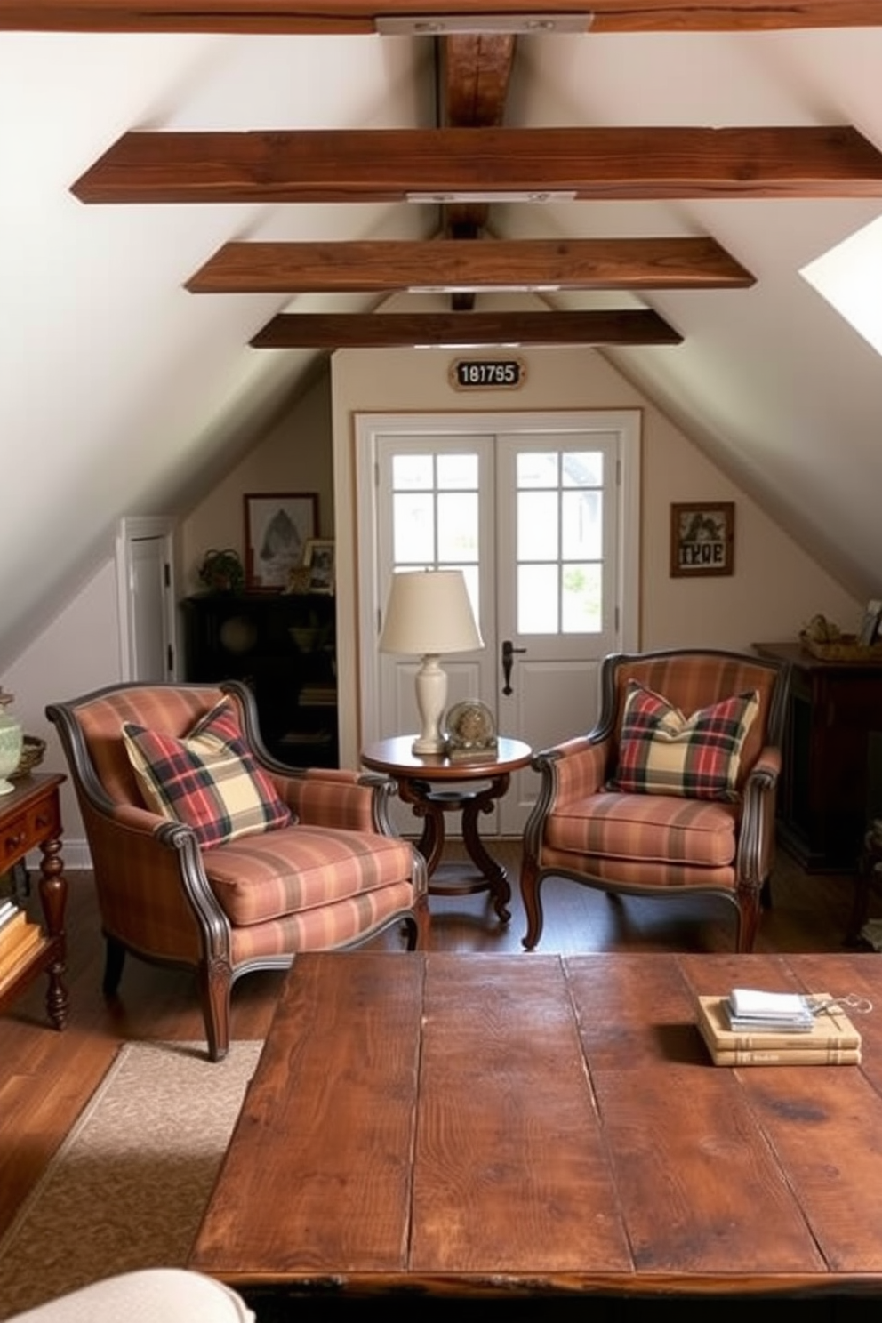 Warm plaid throw pillows are casually arranged on a pair of elegant armchairs, adding a cozy touch to the room. The chairs are positioned near a rustic wooden coffee table, creating an inviting seating area. The attic is transformed into a charming retreat with soft lighting and vintage decor elements. Exposed beams and warm wood tones enhance the cozy atmosphere, making it a perfect space for relaxation.