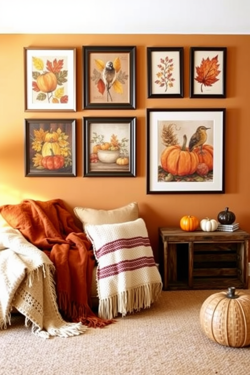 Create a cozy autumn-themed wall art display featuring a mix of framed prints showcasing colorful leaves, pumpkins, and harvest scenes. Arrange the artwork in a gallery style on a warm-toned wall to enhance the seasonal atmosphere. Design an inviting attic space that captures the essence of fall with rustic decor elements. Incorporate plush throws, vintage crates, and soft lighting to create a comfortable retreat perfect for enjoying the autumn season.