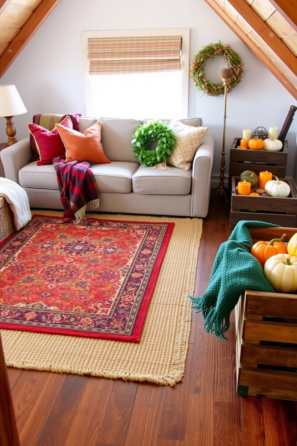 Layered rugs in a cozy living room create depth and warmth. The base rug is a large neutral jute, topped with a smaller, colorful Persian rug that adds a pop of pattern. For a fall attic decorating idea, incorporate rich autumn colors through throw pillows and blankets. Use wooden crates for rustic storage and display seasonal decor like pumpkins and candles.