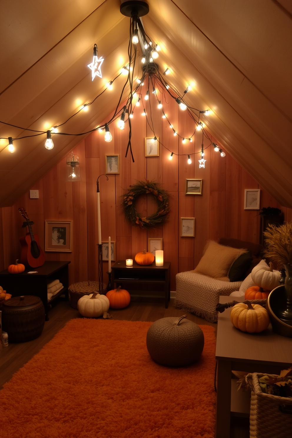 A cozy attic space decorated for fall. Soft hanging string lights illuminate the area, creating a warm and inviting atmosphere. The walls are adorned with rustic wooden panels, and a plush area rug in autumn colors adds comfort underfoot. Seasonal decorations, such as small pumpkins and dried leaves, are thoughtfully arranged on shelves and tables.