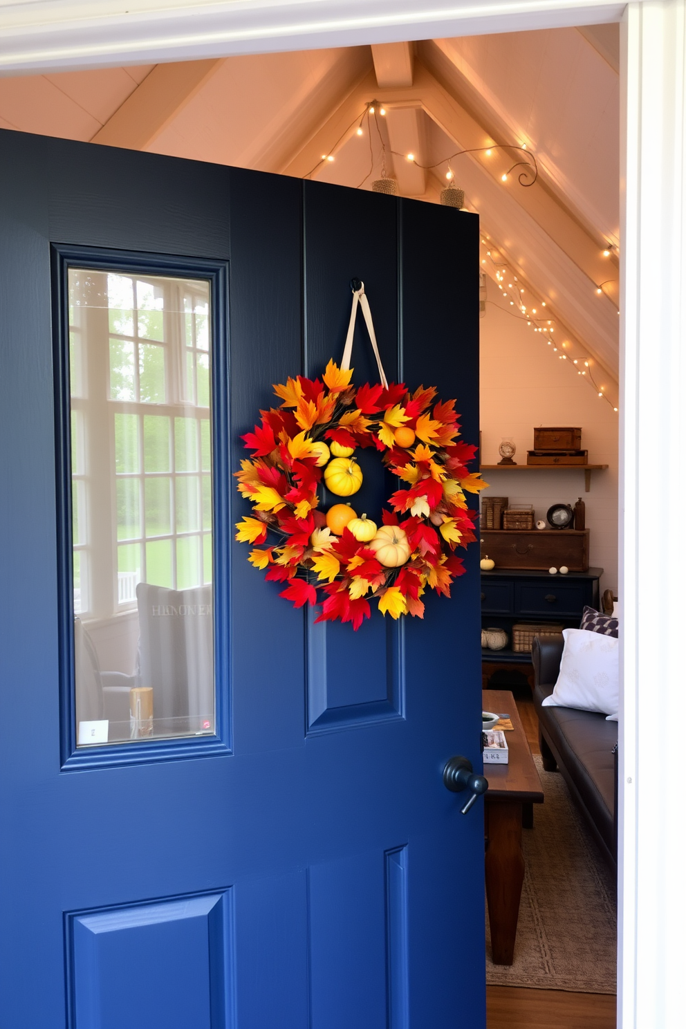 A charming front door adorned with a seasonal wreath made of vibrant autumn leaves and small pumpkins. The door is painted a deep navy blue, creating a striking contrast against the warm colors of the wreath. The attic features cozy seating with plush cushions and a rustic wooden coffee table. Soft fairy lights are strung across the beams, casting a warm glow over the space, while decorative boxes and vintage finds add character to the decor.