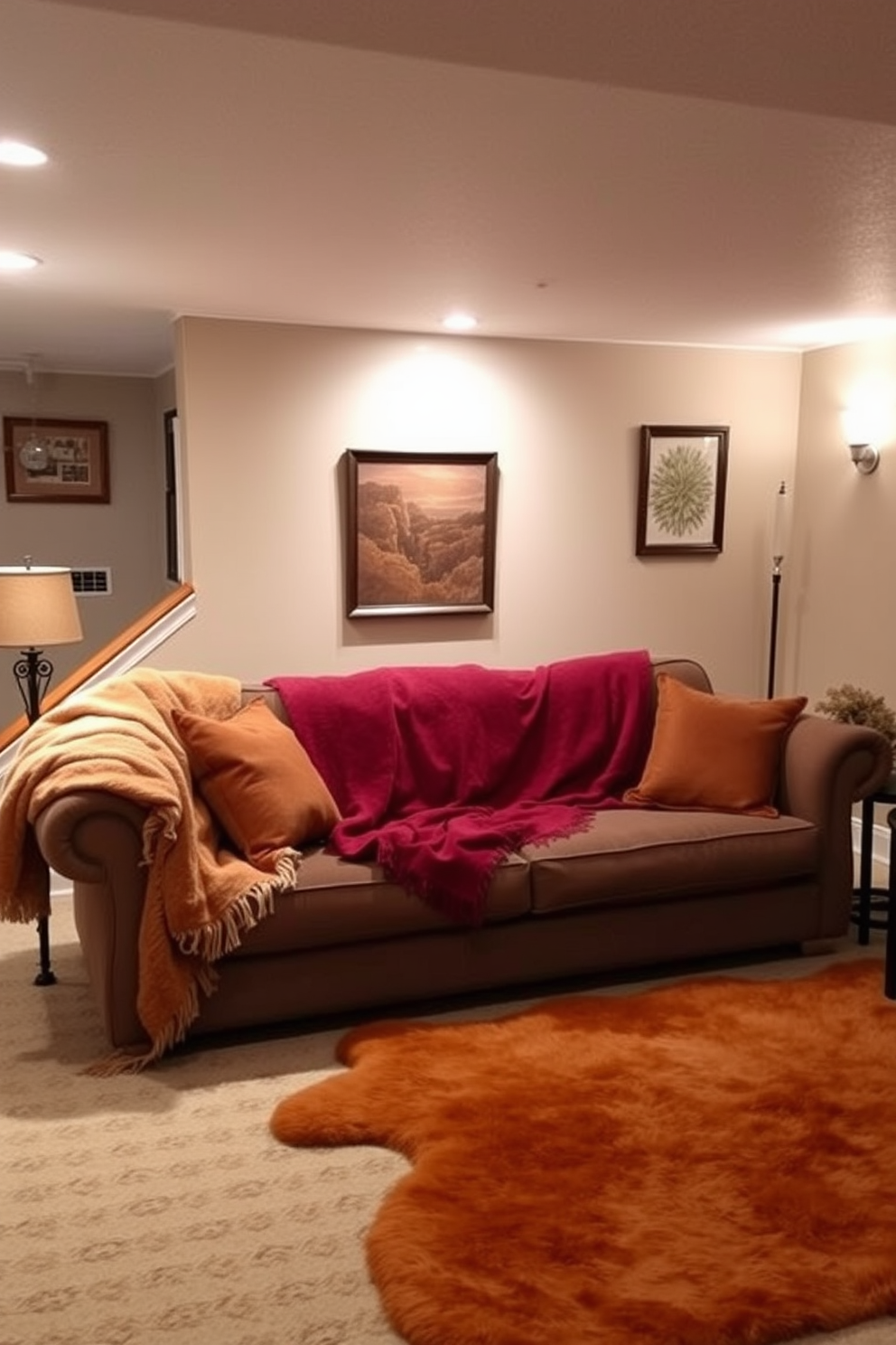 A cozy basement living area featuring a plush sofa adorned with soft throw blankets in warm, inviting colors. The space is illuminated by soft overhead lighting and accent lamps, creating a welcoming atmosphere for relaxation and entertainment.