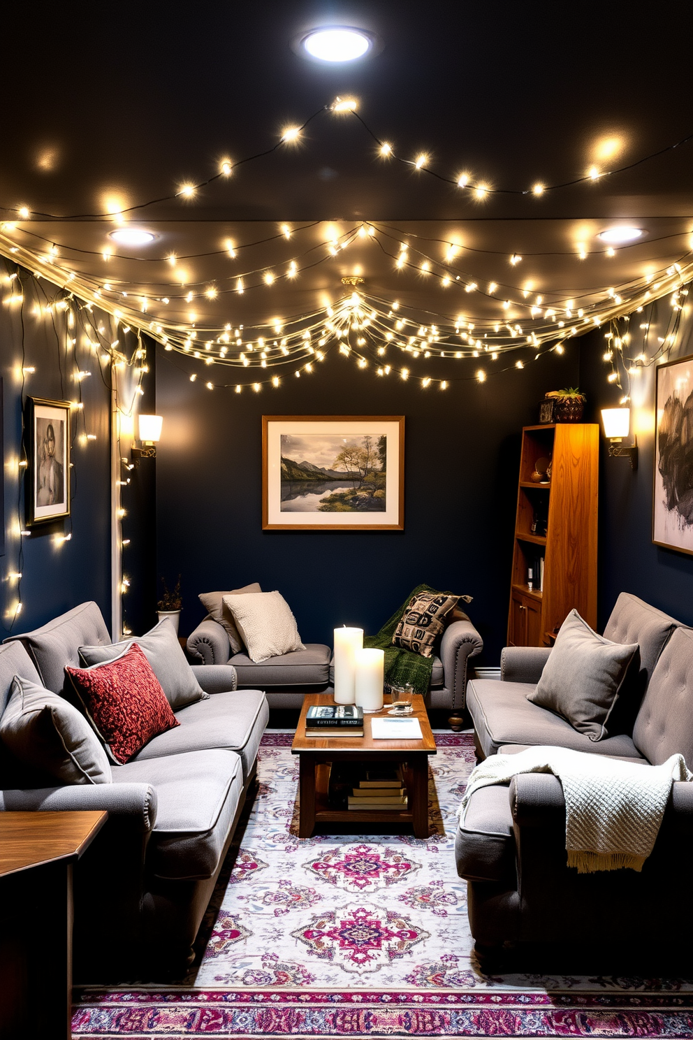 A cozy basement retreat adorned with soft fairy lights strung across the ceiling creating a warm and magical ambiance. Plush seating in muted tones invites relaxation, while a small coffee table holds an assortment of books and candles for added charm. The walls are painted in a deep navy blue, complementing the rich wood tones of the furniture. An area rug with intricate patterns anchors the space, enhancing the inviting atmosphere of the basement.