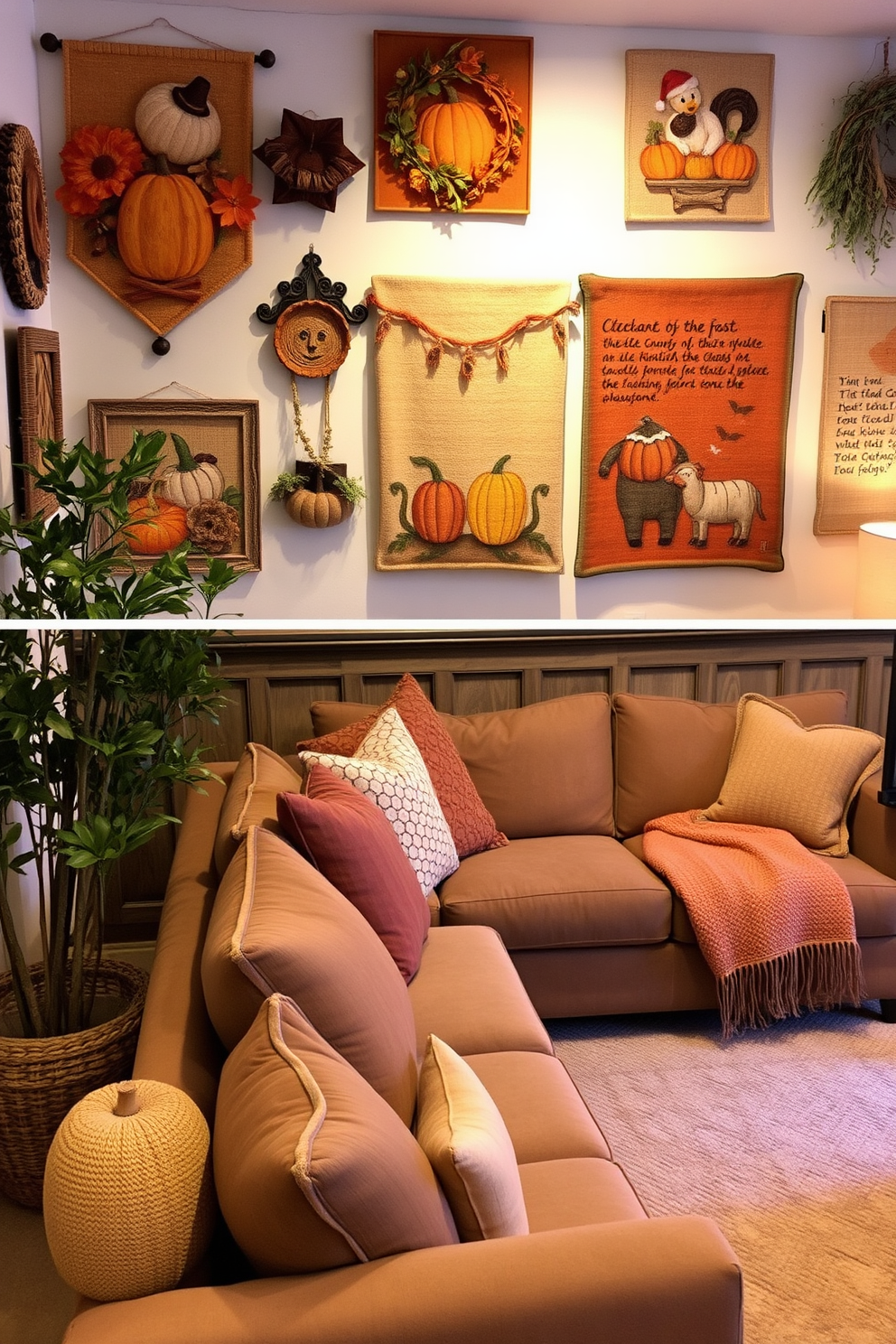 Harvest themed wall hangings adorn the walls, featuring warm colors and rustic designs that evoke the essence of autumn. Each piece is carefully arranged to create a cozy and inviting atmosphere, complemented by soft lighting that enhances the seasonal charm. The basement is transformed into a warm retreat with plush seating and layered textiles that invite relaxation. Earthy tones and natural materials are used throughout, creating a harmonious connection to the harvest theme while incorporating functional elements for entertainment and comfort.