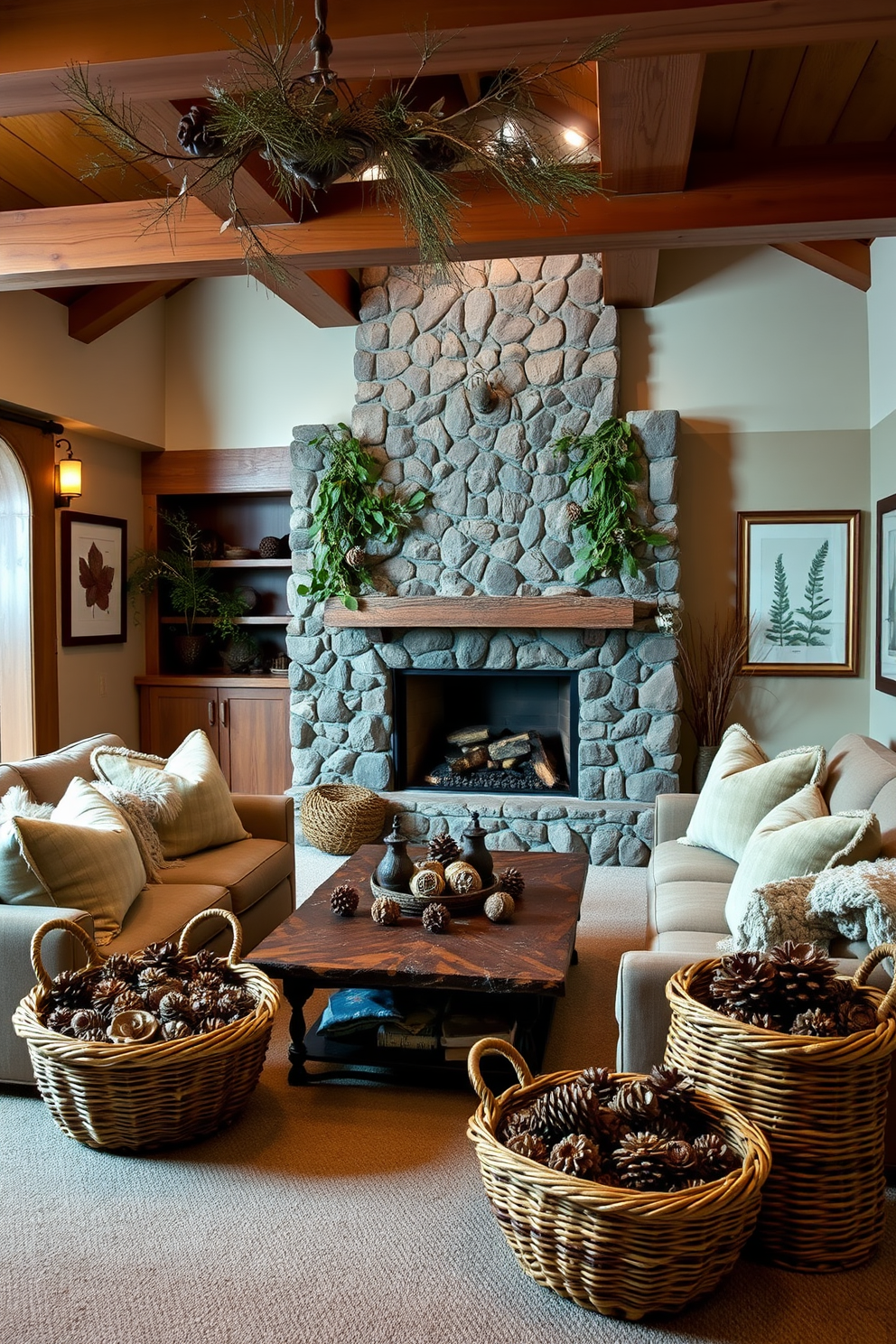 A cozy basement retreat featuring natural elements like pinecones and leaves. The space is adorned with wooden beams and a stone fireplace, creating a warm and inviting atmosphere. Soft, earthy tones dominate the decor, with plush seating arranged around a rustic coffee table. Decorative accents include woven baskets filled with pinecones and framed botanical prints on the walls.