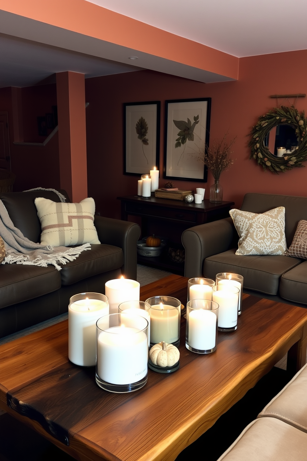 A cozy basement space featuring fall scented candles arranged on a rustic wooden coffee table. The walls are painted in warm earth tones, and plush seating is complemented by soft throw blankets and autumn-themed decor.