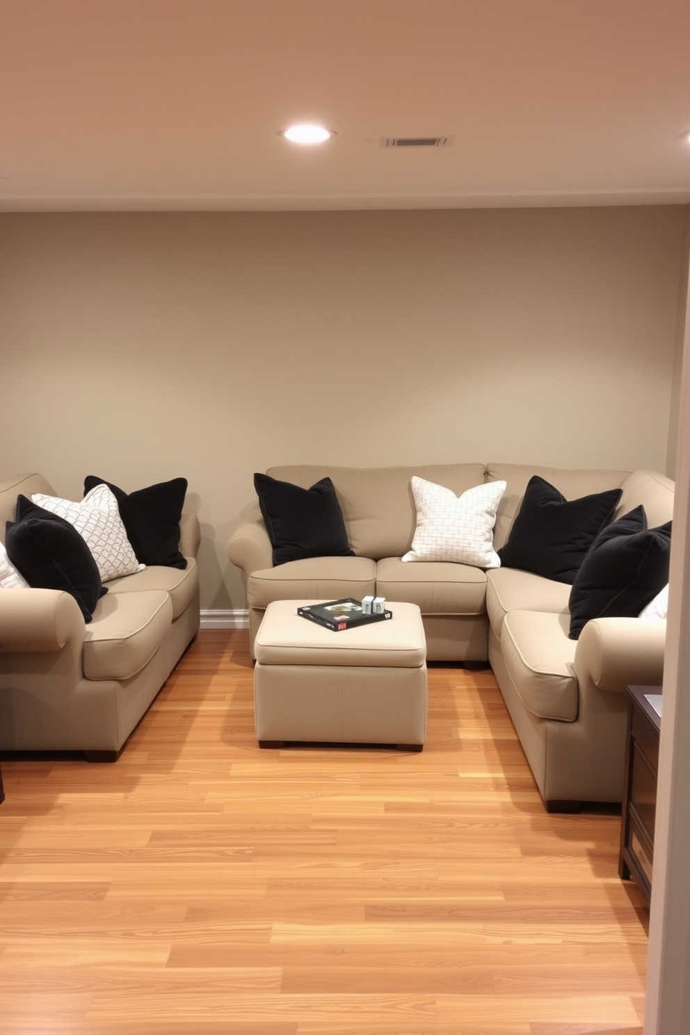 A cozy basement retreat featuring comfortable seating adorned with oversized cushions in soft, inviting fabrics. The walls are painted a warm beige, and the flooring is a rich hardwood that adds warmth to the space.