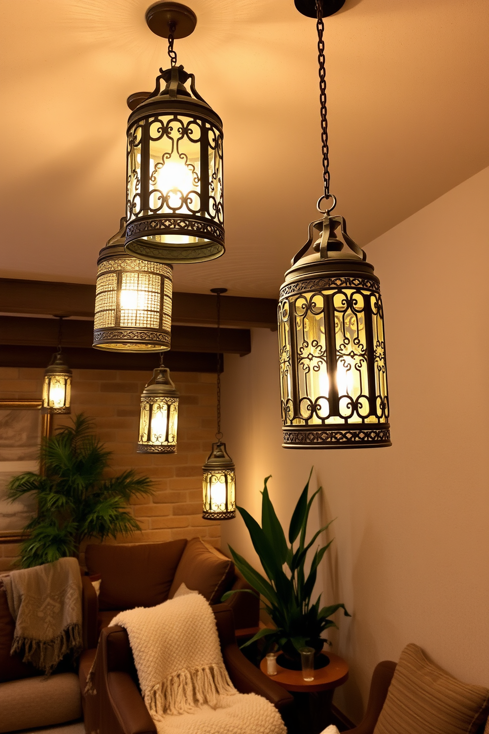 Decorative lanterns hang from the ceiling, casting a warm and inviting glow throughout the space. The lanterns feature intricate designs and are made of aged metal, complementing the rustic charm of the basement. The basement is adorned with cozy seating arrangements, including plush sofas and soft throw blankets. Earthy tones and textures create a welcoming atmosphere, while strategically placed plants add a touch of nature to the decor.