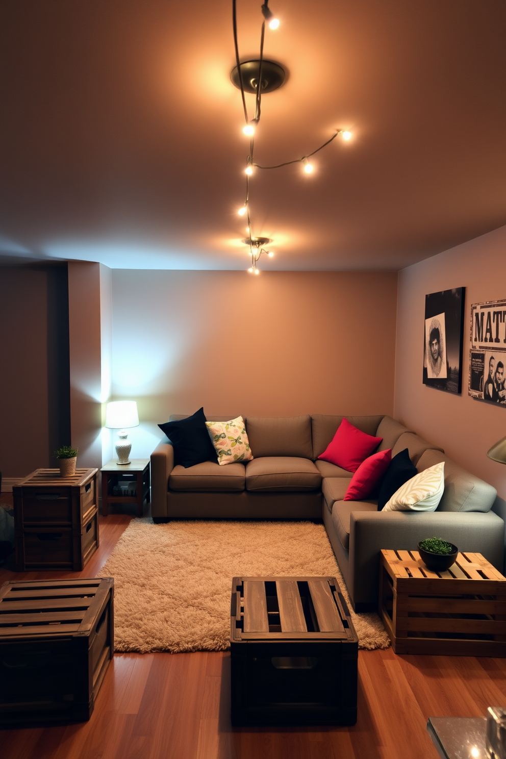 A cozy basement lounge featuring vintage crates as side tables. The walls are painted in a warm taupe color, and a plush area rug adds comfort underfoot. Soft ambient lighting creates a welcoming atmosphere, with string lights draping across the ceiling beams. A comfortable sectional sofa is adorned with colorful throw pillows, inviting relaxation and conversation.