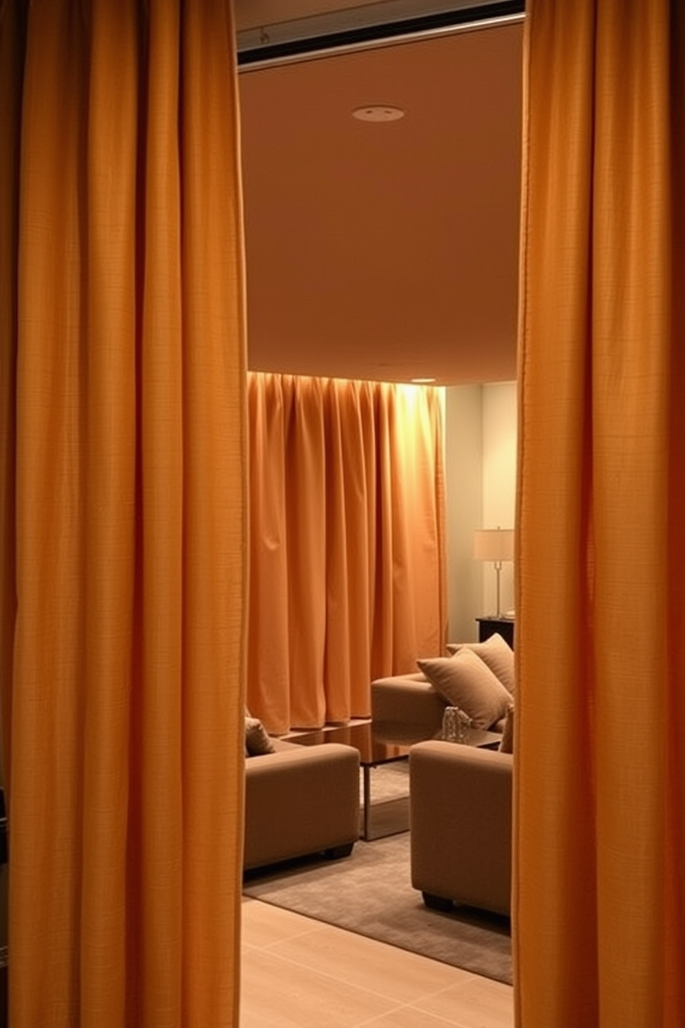 Textured curtains in warm tones frame a cozy basement space. The soft fabric adds depth and warmth, creating an inviting atmosphere. The basement features a stylish seating area with plush sofas and a coffee table. Ambient lighting highlights the rich colors and textures, enhancing the overall comfort of the room.