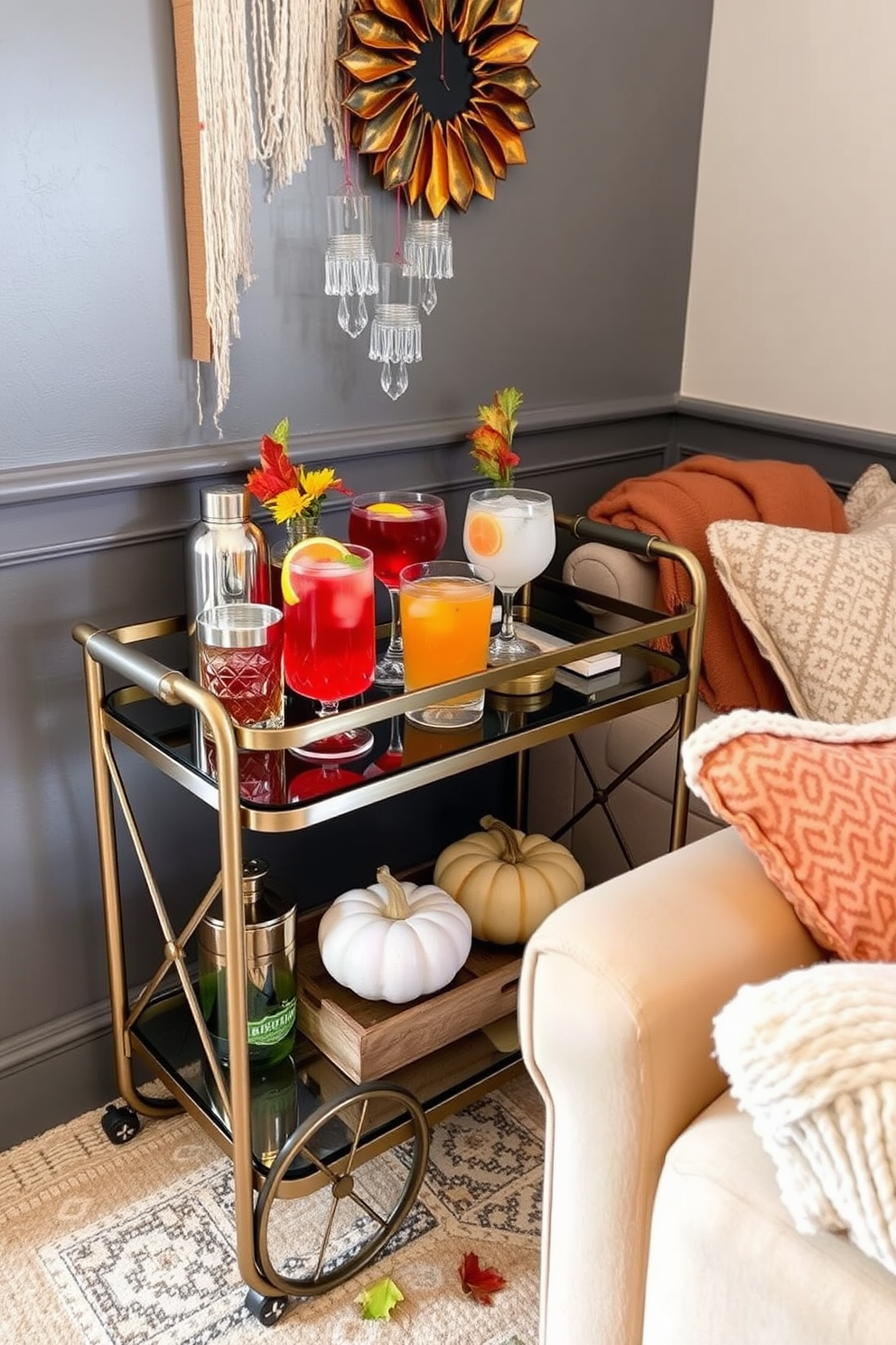 A chic bar cart is elegantly styled with an assortment of seasonal drinks, featuring a mix of vibrant colors and textures. The cart is adorned with glassware, a shaker, and decorative elements like fresh fruit and seasonal foliage. For fall basement decorating ideas, cozy up the space with warm tones and layered textiles. Incorporate plush seating, soft throw blankets, and seasonal decor like pumpkins and autumn leaves to create an inviting atmosphere.