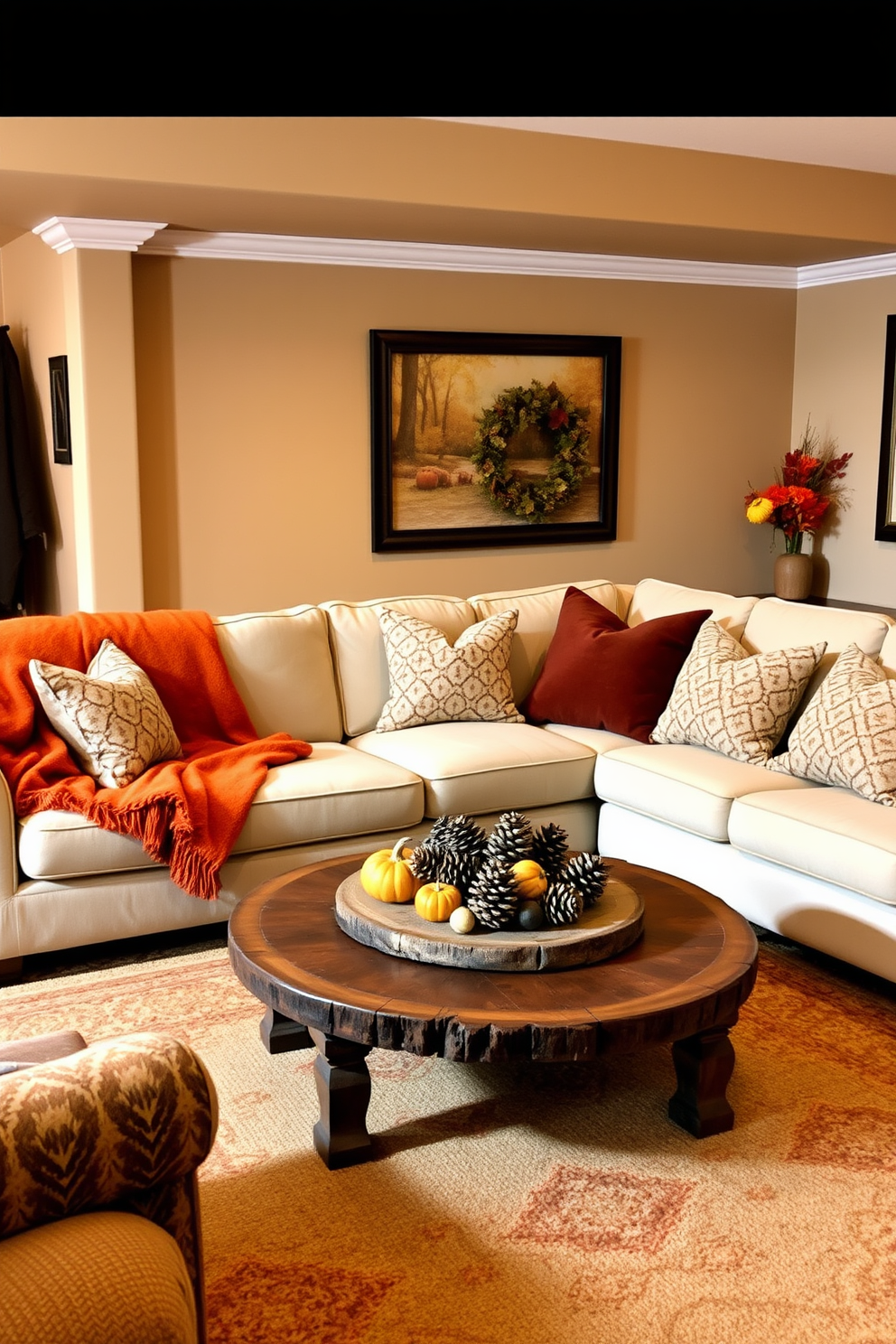 A cozy basement retreat featuring warm autumn colors in decor accents. Plush throw blankets in deep oranges and rich browns drape over a comfortable sectional sofa, while decorative pillows in various textures add warmth to the space. The walls are painted in a soft beige, creating a warm backdrop for the seasonal decor. A rustic wooden coffee table sits in the center, adorned with a centerpiece of pinecones and small pumpkins, enhancing the autumnal theme.