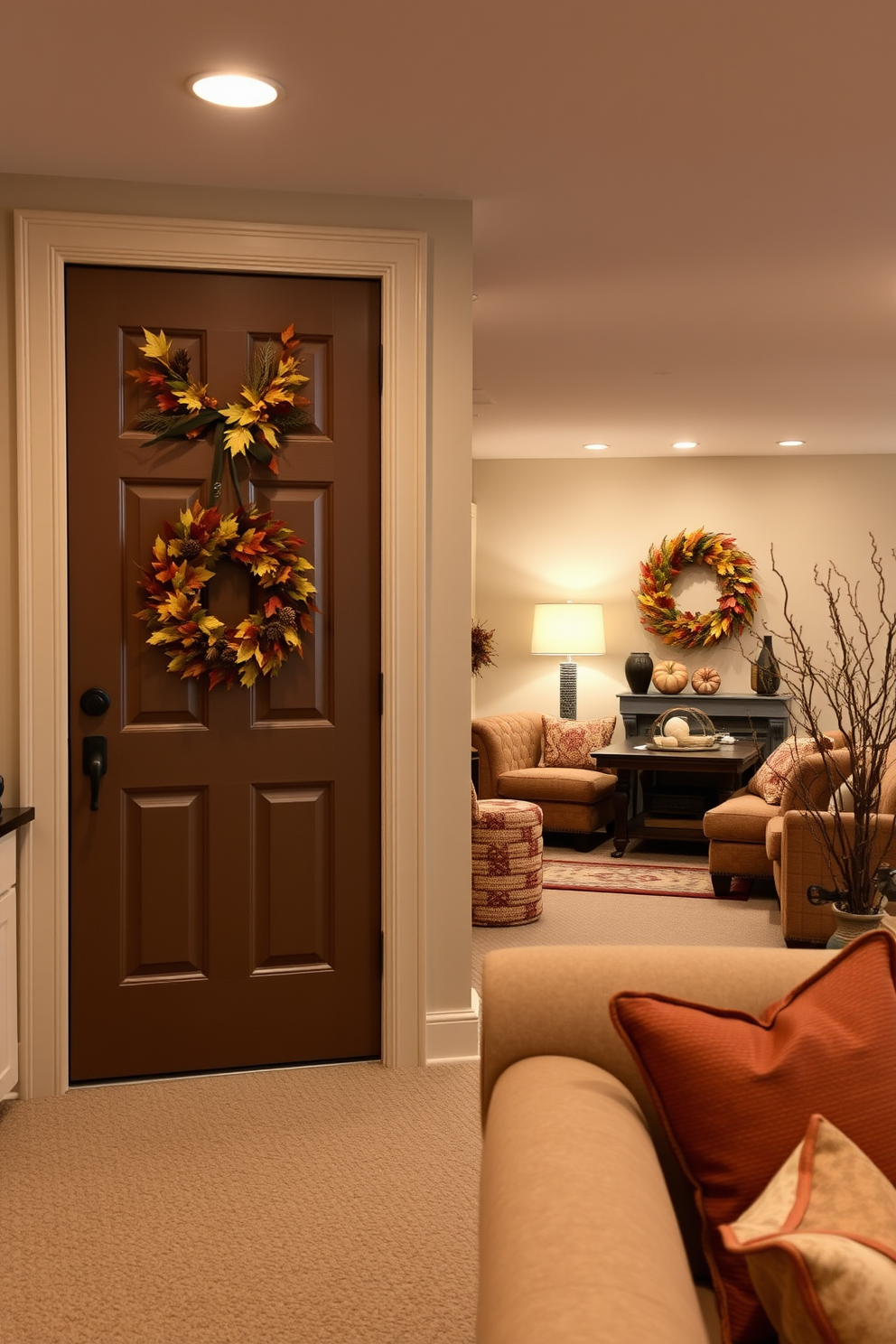 Autumn wreaths adorn the interior doors, bringing seasonal charm to the home. Each wreath is crafted from vibrant leaves, pinecones, and berries, creating a warm and inviting atmosphere. The basement is transformed into a cozy retreat with soft lighting and plush seating. Earthy tones and rustic decor elements enhance the inviting ambiance, making it the perfect space for relaxation and gatherings.