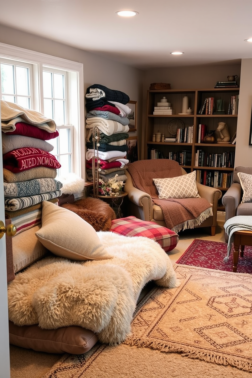 A cozy nook filled with layered blankets in various textures and colors invites relaxation. Plush cushions are scattered around, and a soft throw is draped over a comfortable armchair positioned near a window. The basement is designed with warm lighting and inviting furniture arrangements. Soft rugs cover the floor, and decorative shelves display books and personal items, creating a welcoming atmosphere.