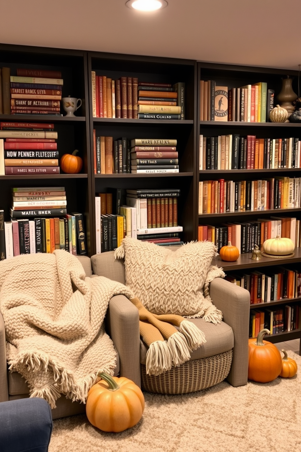 A cozy basement space designed for autumn gatherings. Shelves are filled with seasonal books featuring warm colors and textures, creating an inviting atmosphere. Decorative elements include plush throw blankets and pumpkins scattered around. Soft lighting enhances the ambiance, making it perfect for enjoying a good read during the fall season.