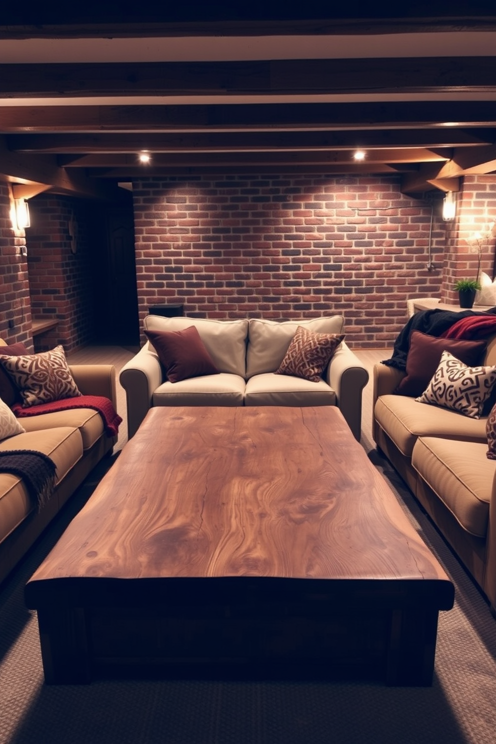 A rustic wooden coffee table serves as the centerpiece of the room, showcasing its natural grain and texture. Surrounding the table are plush, oversized sofas in warm earth tones, creating an inviting atmosphere. The basement is decorated with soft ambient lighting that highlights the exposed brick walls and wooden beams. Cozy throws and accent pillows in rich colors are scattered across the seating area, enhancing the rustic charm.