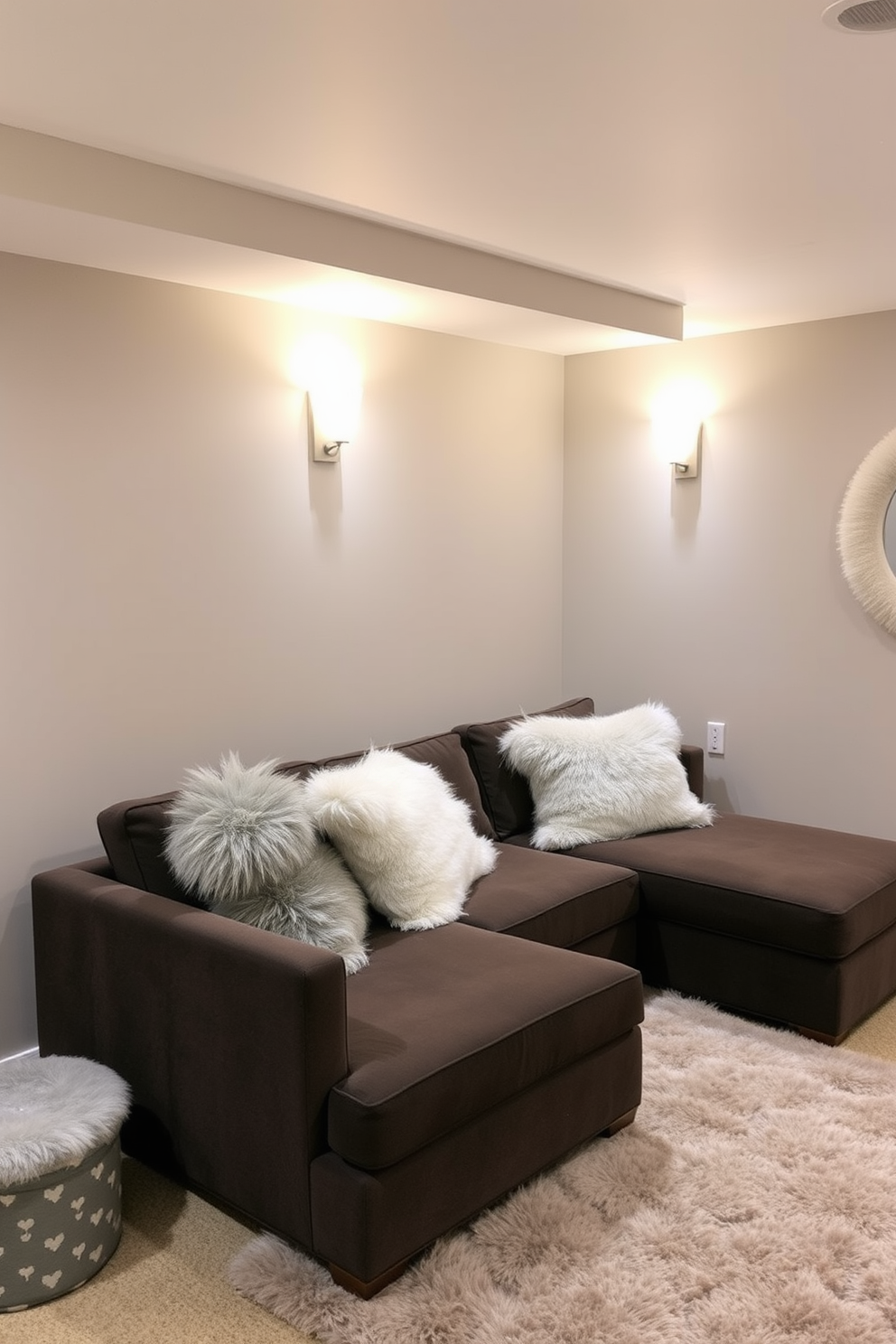 A cozy basement retreat featuring soft faux fur accents to create warmth and comfort. The walls are painted in a soft gray, complemented by a plush area rug and a sectional sofa adorned with faux fur throw pillows.