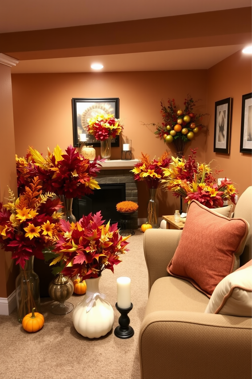 A cozy fall-themed basement space filled with colorful fall foliage in vases. The walls are painted in warm earthy tones, and plush seating arrangements invite relaxation. Decorative elements like pumpkins and candles are scattered throughout the room. Soft lighting creates a welcoming atmosphere, enhancing the seasonal decor.