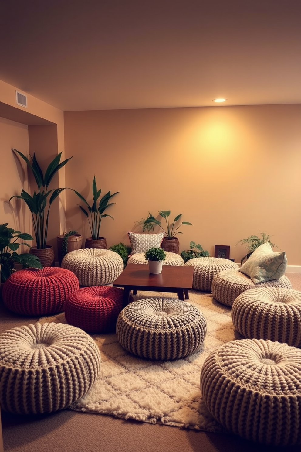 A cozy basement space featuring knitted poufs arranged around a low wooden coffee table. The walls are painted in a warm beige tone, and soft ambient lighting creates an inviting atmosphere. Decorative elements include a plush area rug and a selection of indoor plants that bring a touch of nature indoors. The overall design combines comfort and style, making it perfect for relaxation or entertaining guests.