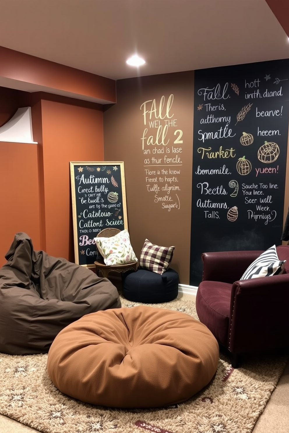 A cozy basement retreat adorned with seasonal chalkboard art. The walls are painted in warm earthy tones, and a plush area rug lays underfoot to add comfort. A large chalkboard stands against one wall, featuring hand-written fall quotes and vibrant autumn-themed illustrations. Surrounding the chalkboard are comfortable seating options, including a mix of oversized bean bags and a stylish loveseat.