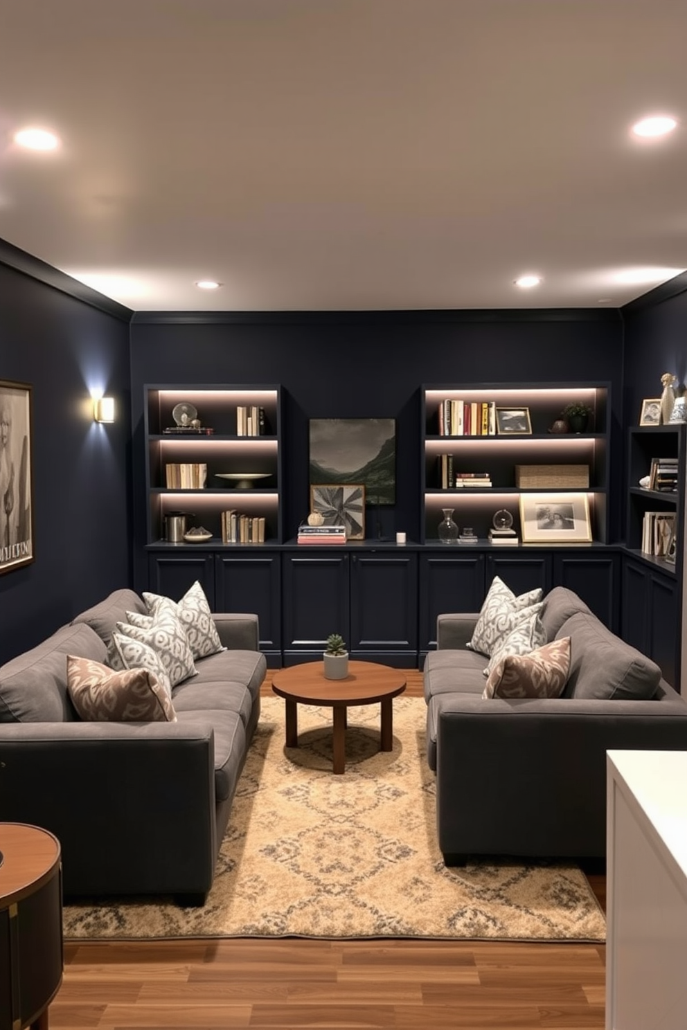 A cozy basement retreat with mood lighting that enhances the atmosphere. Softly glowing dimmable fixtures are strategically placed to create a warm and inviting ambiance. The walls are painted in a deep navy blue, complemented by plush gray furniture. A large area rug adds texture, while decorative shelves display curated books and art pieces.