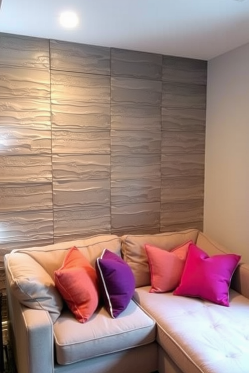 Textured wall panels create a stunning focal point in a cozy basement space. The panels are designed in varying shades of gray, adding depth and warmth to the room. Incorporate soft lighting to enhance the inviting atmosphere of the basement. A plush sectional sofa in a neutral tone is complemented by vibrant throw pillows, creating a comfortable seating area.