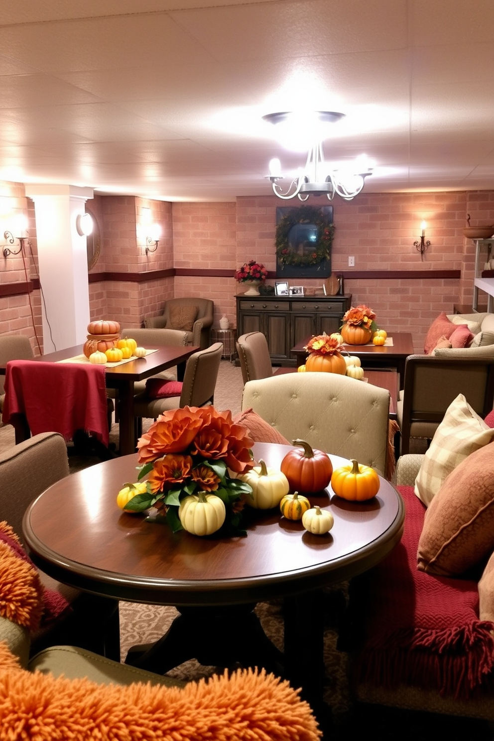 A warm and inviting basement space decorated for fall. The tables are adorned with vibrant pumpkin and gourd centerpieces, creating a festive atmosphere. Cozy seating arrangements are enhanced with plush throw blankets in autumn colors. Soft ambient lighting highlights the rich textures of the decor, making the space perfect for gatherings.