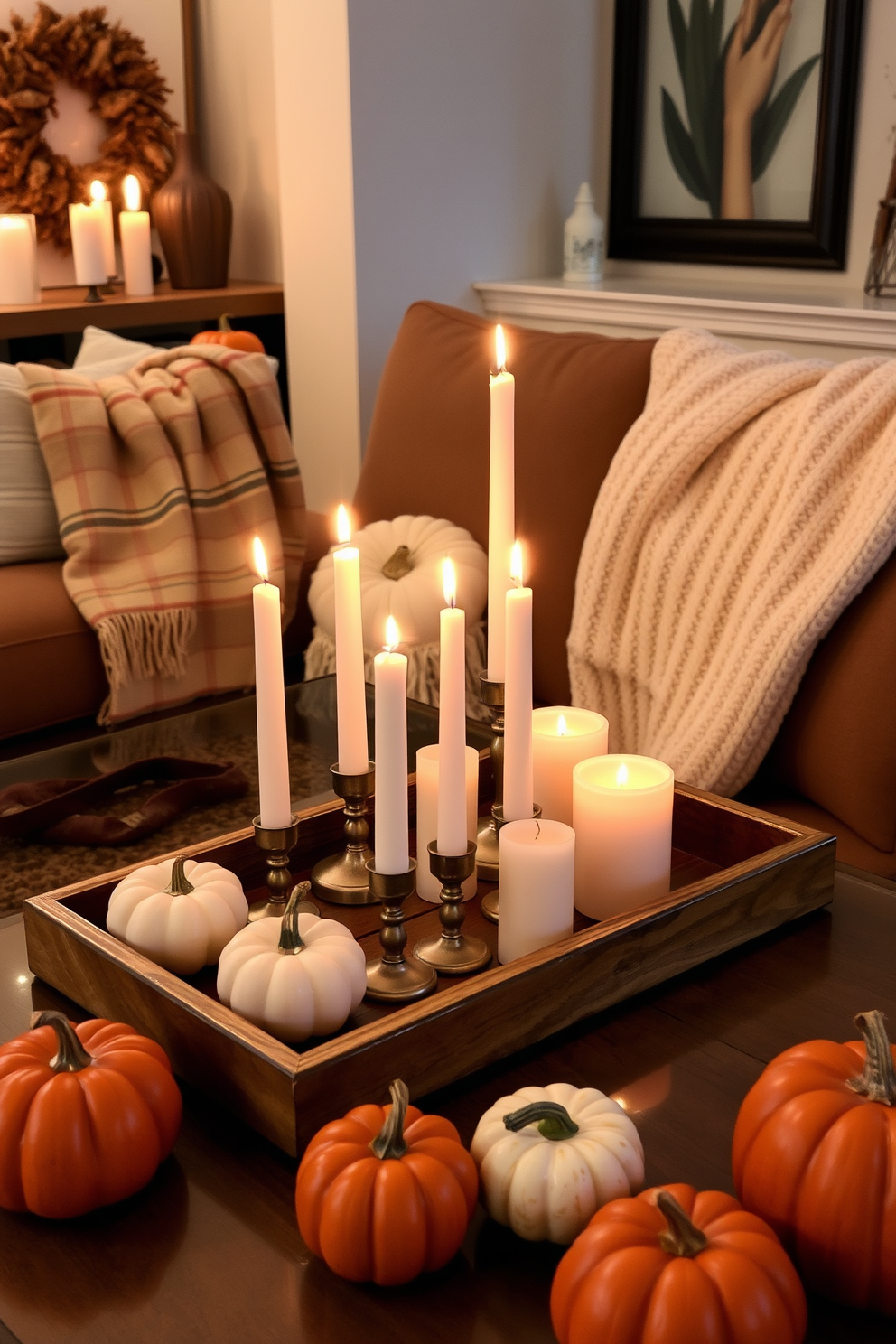 Candle arrangements for soft lighting. Multiple candles of varying heights are grouped together on a rustic wooden tray, creating a warm and inviting ambiance. Fall basement decorating ideas. The space features rich autumn colors with cozy throw blankets draped over a plush sofa, and decorative pumpkins scattered throughout for seasonal charm.