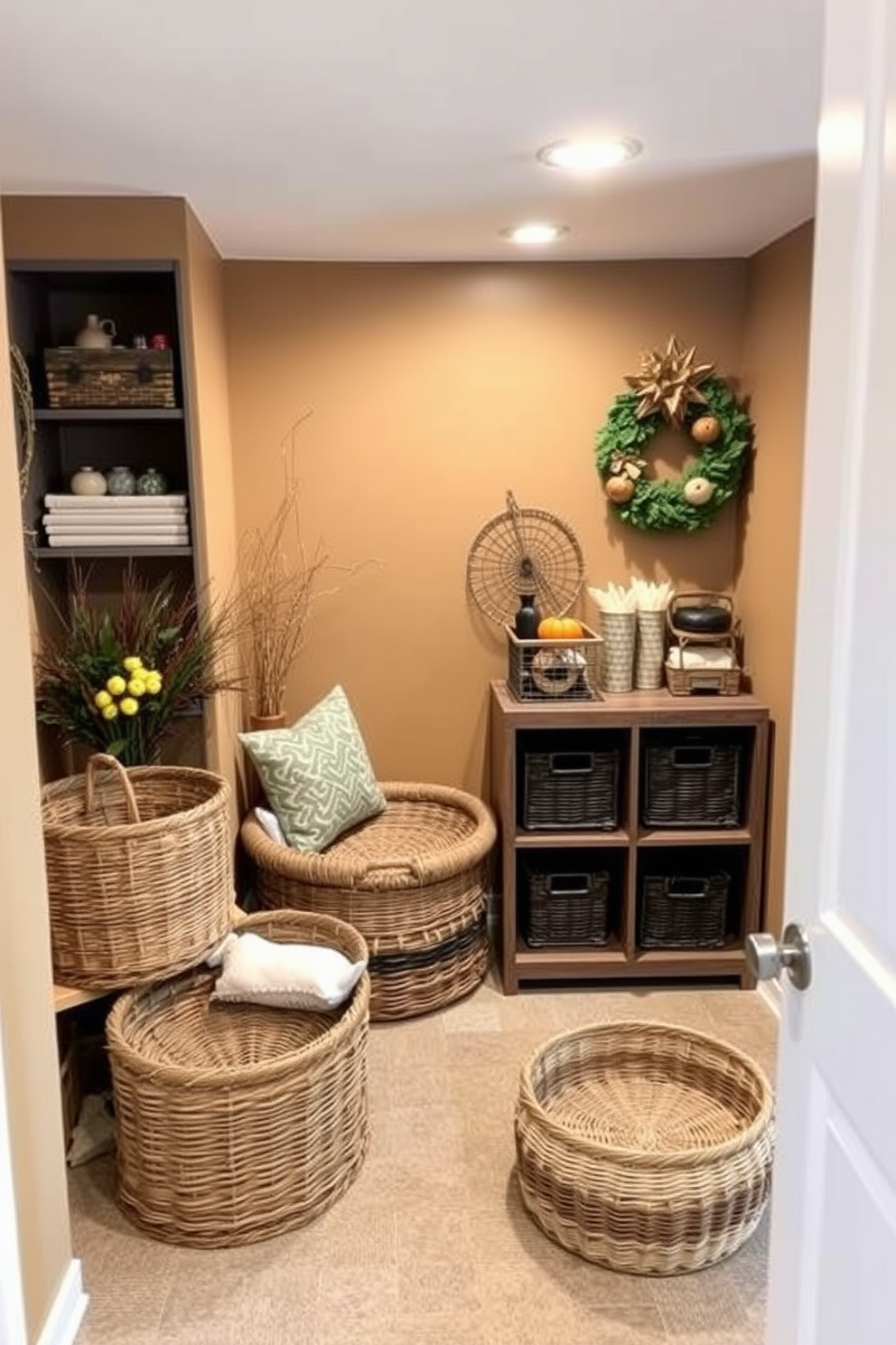 A cozy fall basement setting featuring woven baskets for storage and decor. The walls are painted in warm earth tones, and soft lighting creates an inviting atmosphere.