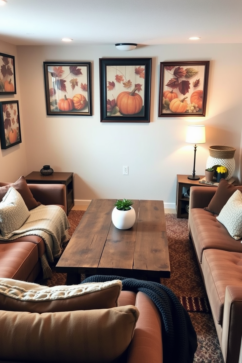 A cozy basement retreat adorned with seasonal artwork featuring fall themes. The walls are decorated with framed prints of autumn leaves and pumpkins, creating a warm and inviting atmosphere. Plush seating arrangements with rich, earthy tones invite relaxation. A rustic coffee table made of reclaimed wood sits in the center, surrounded by soft throw blankets and decorative pillows.