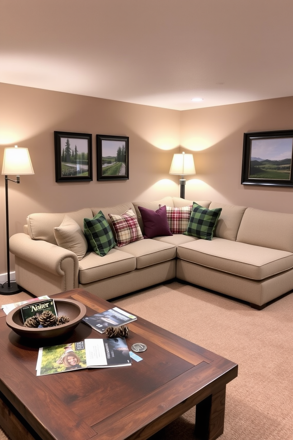 A cozy basement retreat featuring a plush sectional sofa adorned with plaid pillows in various shades of green and burgundy. The walls are painted a warm taupe, and a large area rug with a subtle pattern anchors the seating area. In one corner, a rustic wooden coffee table holds an array of magazines and a decorative bowl filled with pinecones. Soft lighting from floor lamps creates a warm ambiance, while framed artwork depicting nature scenes adds a touch of personality to the space.