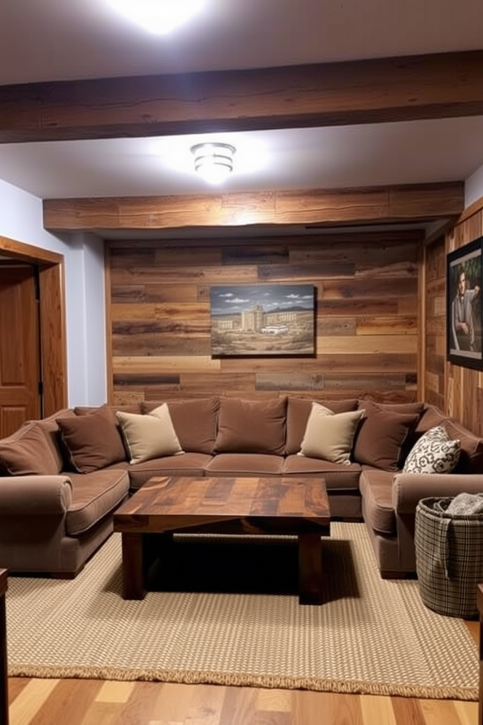 A cozy basement retreat featuring wooden accents throughout the space. The walls are adorned with reclaimed wood paneling, and a rustic wooden beam spans the ceiling, enhancing the warm atmosphere. A comfortable seating area is arranged with a plush sofa in earthy tones and a reclaimed wood coffee table at the center. Soft, layered lighting creates an inviting ambiance, while a woven rug adds texture to the floor.